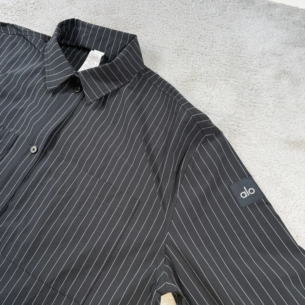 ALO Yoga Shirt Womens Medium Black Pinstripe Daylight Button Down Long Sleeve
